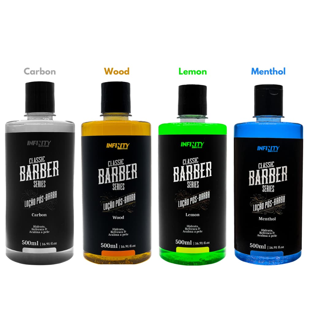 Loção Pós Barba Menthol, Wood, Lemon, Carbon 500ml INFINITY LOOKS HAIR 1,3 ou 4 Unidades