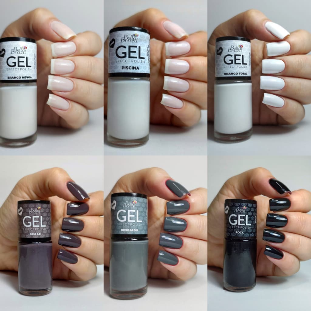 Esmalte Efeito Gel Bella Brazil Tons Branco, Cinza e Preto 9ml Seca Sem Cabine