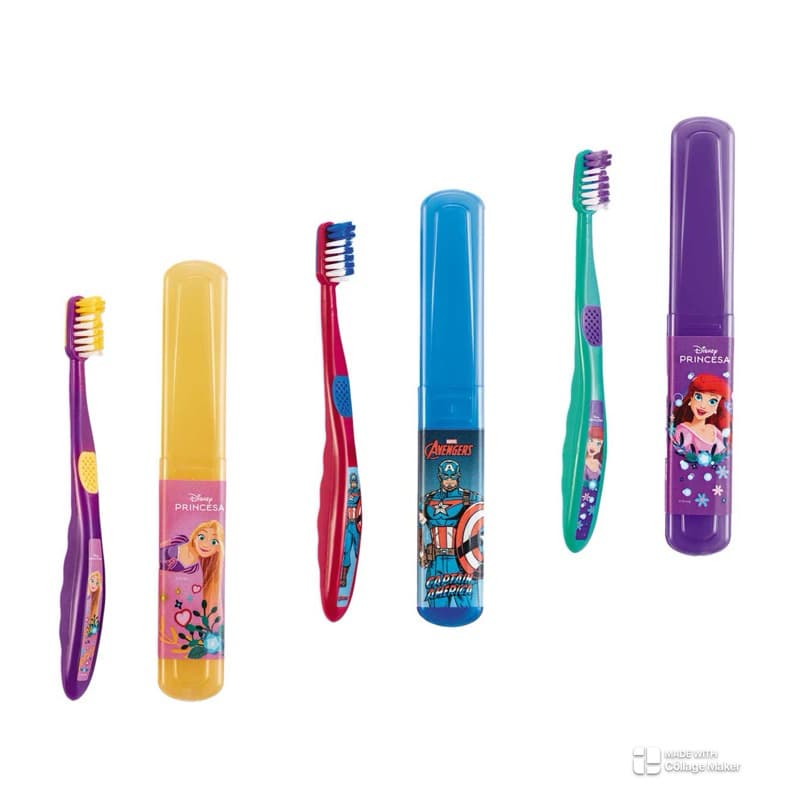 Escova de Dente com Porta Escova Condor Infantil Princesas e Marvel (Rapunzel/CapitãoAmerica e Ariel)