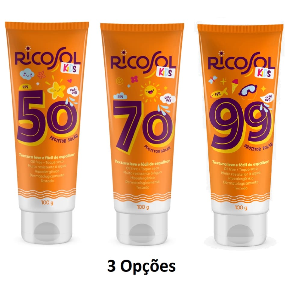 Protetor Solar Infantil RICOSOL Kids FPS 50 ou 70 e 99 Muito Resistente a Agua 100g