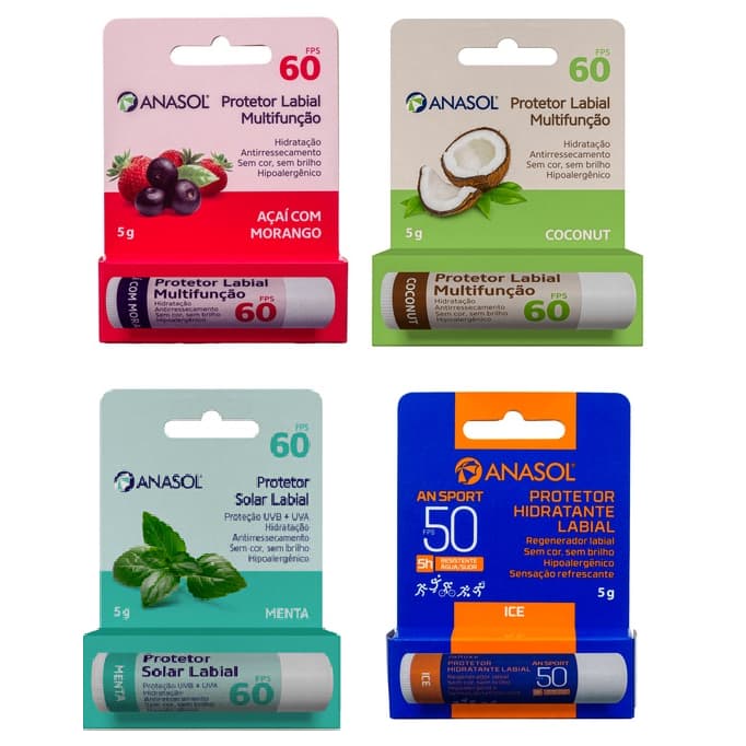 Anasol Protetor Hidratante Labial Açaí com Morango Coconut - Menta - Regenerador Labial e Sport