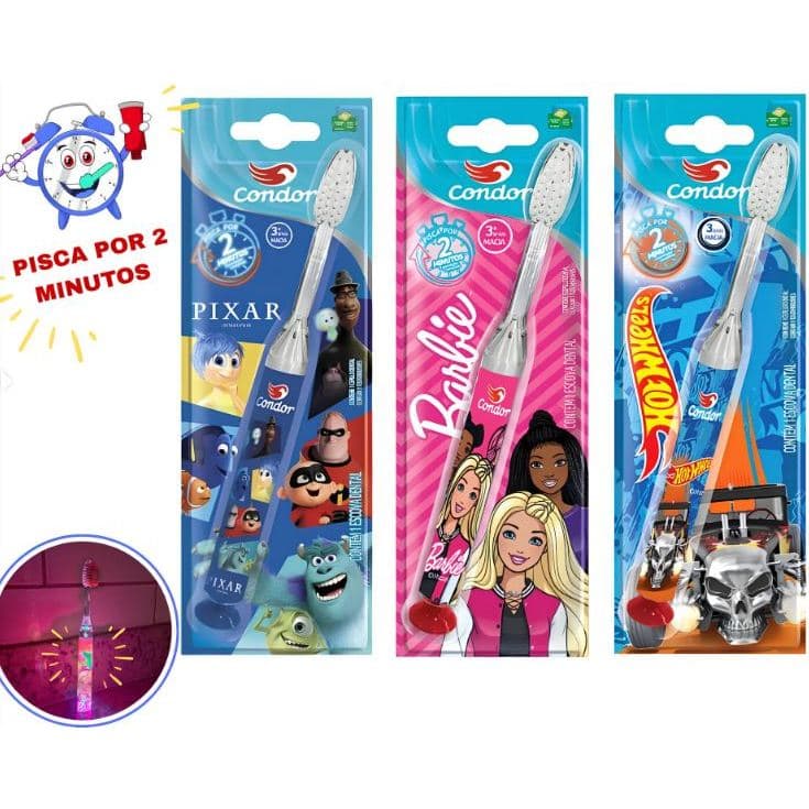 Escova Dental Led PISCA PISCA que Brilha por 2 Minutos MACIA Condor Barbie Hot Wheels