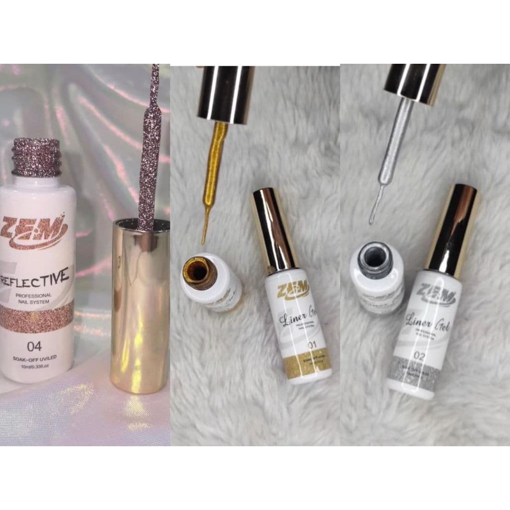 Esmalte Reflexivo Gel Liner Dourado e Prata Art Profissional Soak-Off UV Led Nail Pincel Filete Francesinha