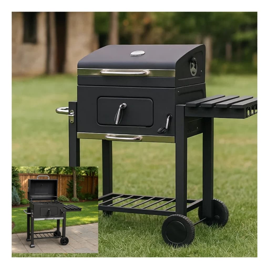 Churrasqueira Americana Móvel Bafo Carvão Grelhas Rodas Preto