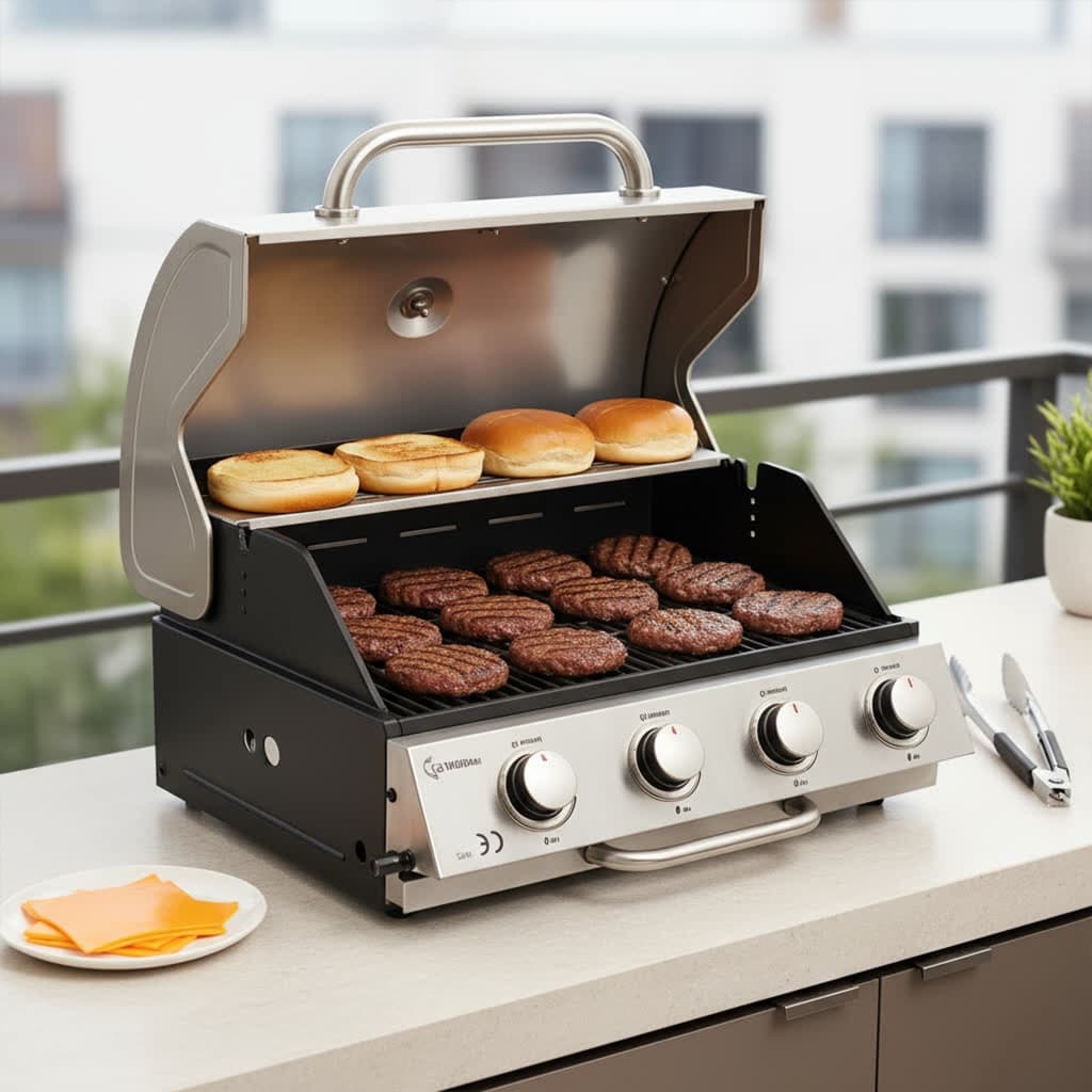 Churrasqueira a Gas 4 Queimadores em Inox a Bafo de Embutir para Bancada Estilo Americana Condominio