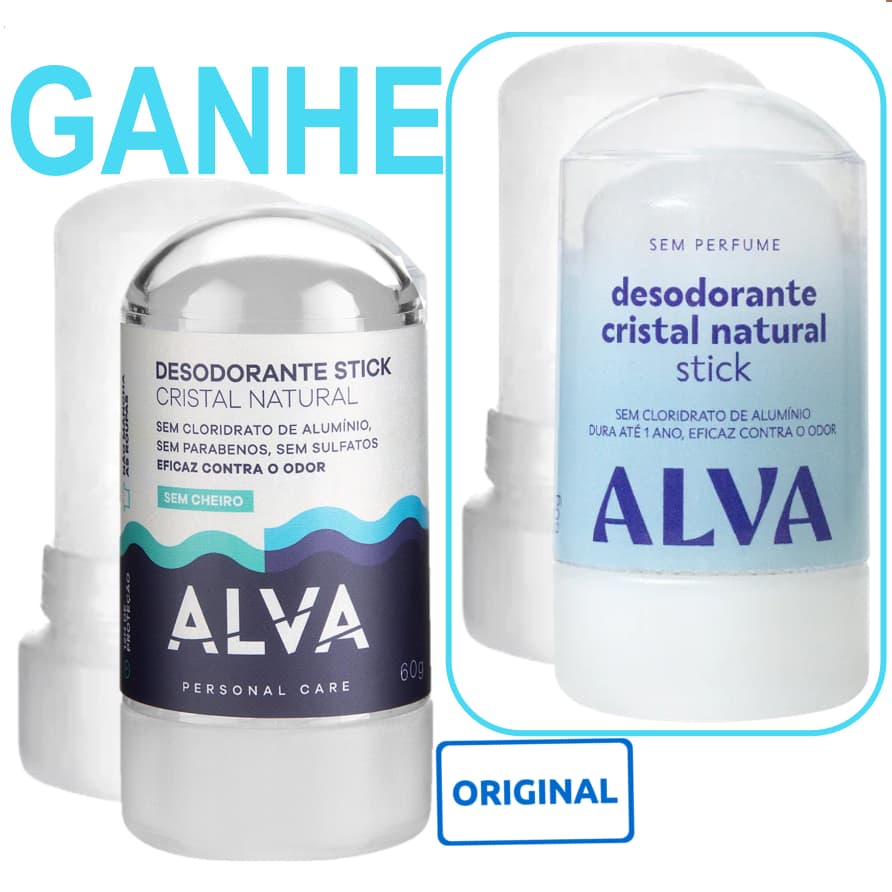Alva Desodorante Cristal Natural Stick pedra sal sem alumínio parabenos cheiro perfume vegano novo
