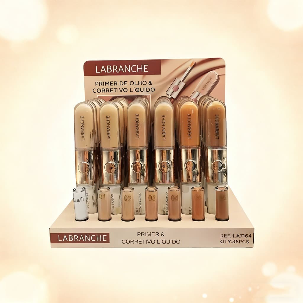 Corretivo Líquido com Primer 2 em 1 - Fórmula 12H Resistente, Hidrata com Chá Verde. Uniformiza a Pele sem Ressecar.