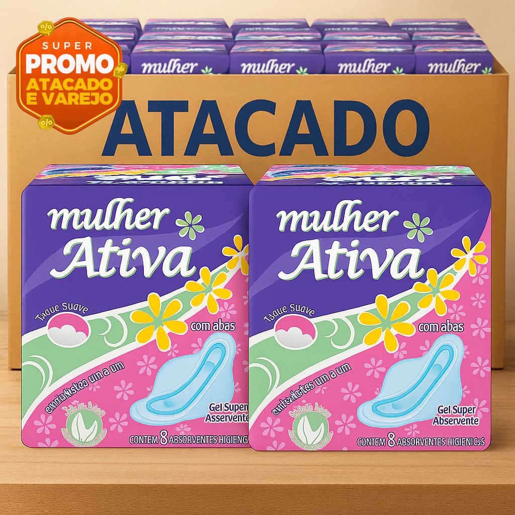 Absorvente Mulher Ativa com 8 Absorventes | Com Abas ou Sem Abas  | Caixa ou 30 ou 60 Unidades
