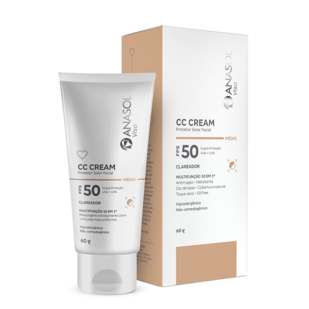 Anasol CC Cream Facial Fps 50 Viso Cor Medio Toque Seco Vegano 60 gr