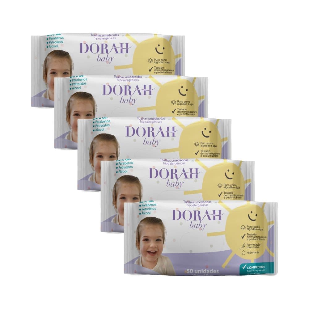 5 Pacotes - Toalhas/Lenços Umedecidos SEM ÁLCOOL - 50 Folhas - Dorah Baby (Total 250 Folhas)