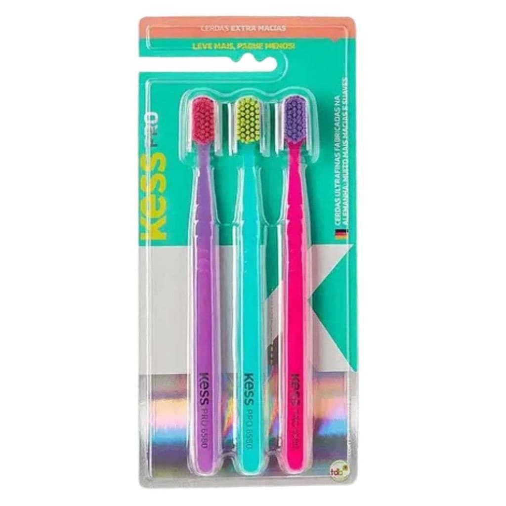 Pack Com 3 Escovas Dentais Kess Pro Extra Macias Cores Sortidas