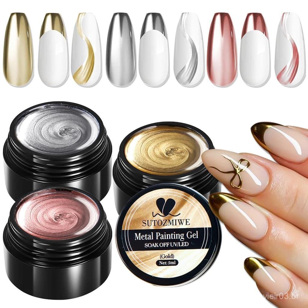 Conjunto De Esmaltes Em Gel Cromado , Esmalte Metálico 3D , Géis De Pintura Metal Rosa Dourado E Prateado Efeito De Espe