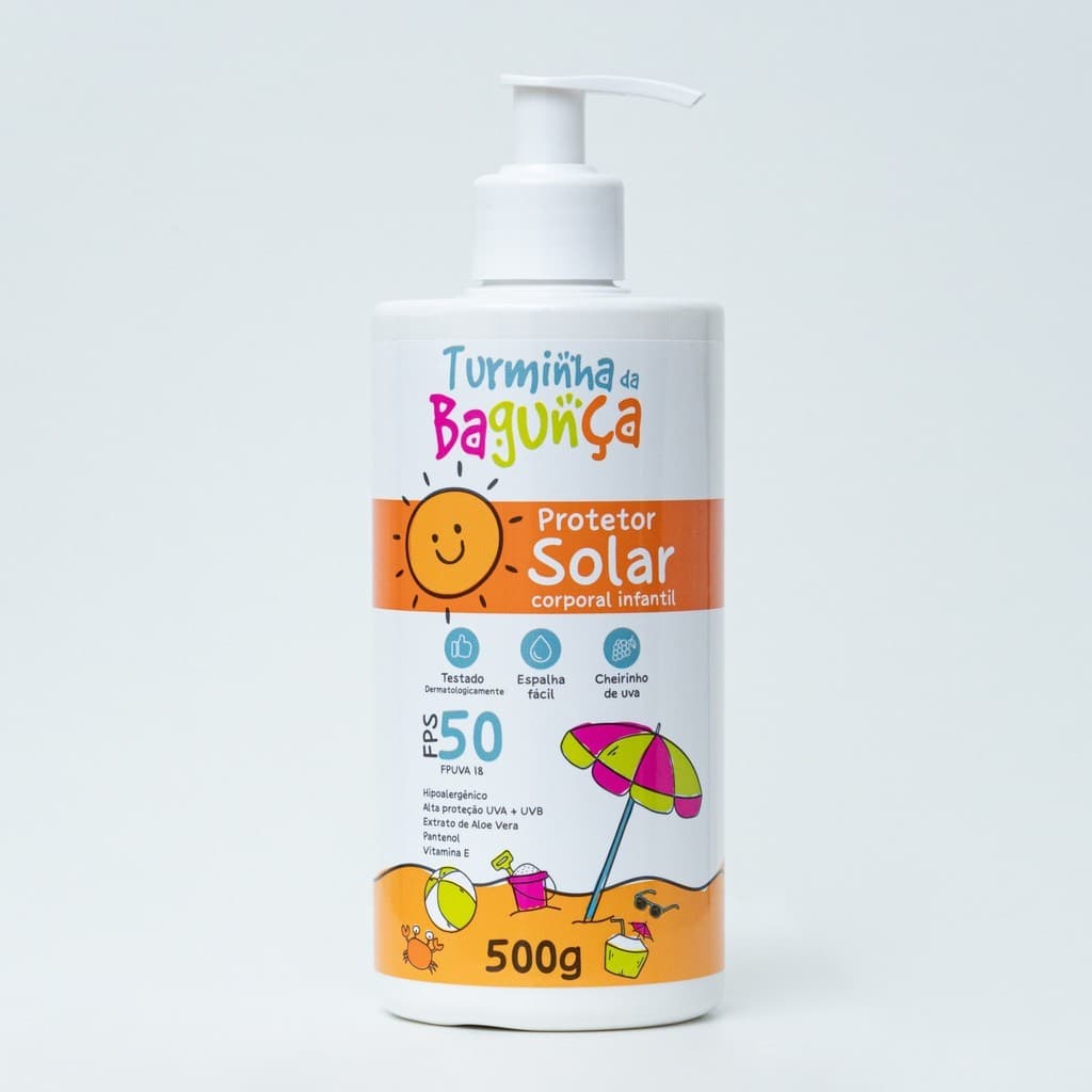 Protetor Solar Infantil FPS 50 Turminha da Bagunça UVA+UVB – Cheirinho de Uva – 200g e 500g