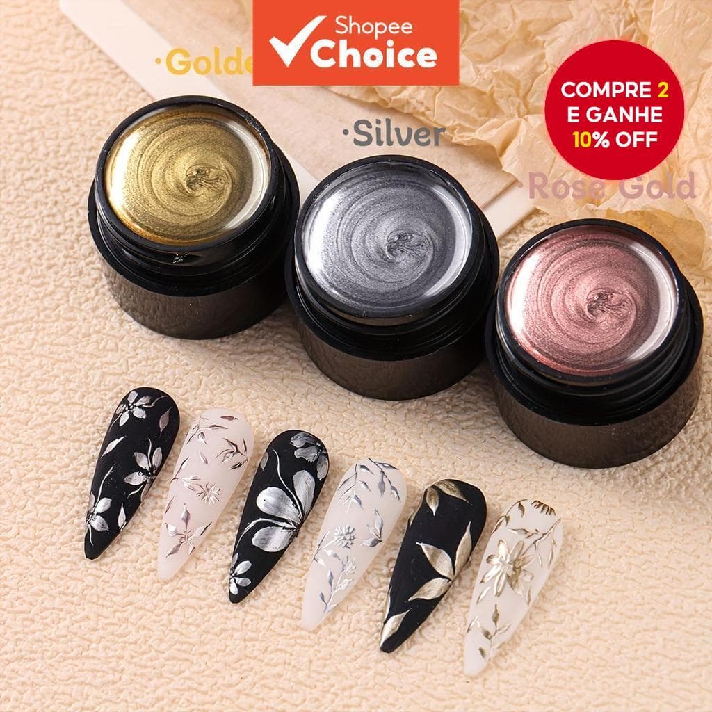 Conjunto Com 3 Esmaltes Metálicos Em Acabamento Espelhado: Dourado, Prateado E Rosé, Removíveis Com UV/LED