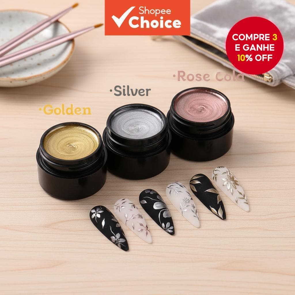  3 Unidades de Esmalte em Gel Metálico: Dourado, Prateado, Rose Gold com Efeito Espelhado, UV/LED Soak Off, Fórmula