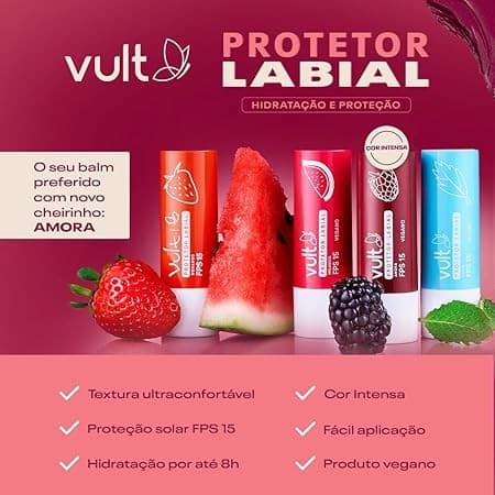 Balm Vult Protetor Labial vegano FPS15 Morango, Menta, Melancia, Amora Vult 3,5g