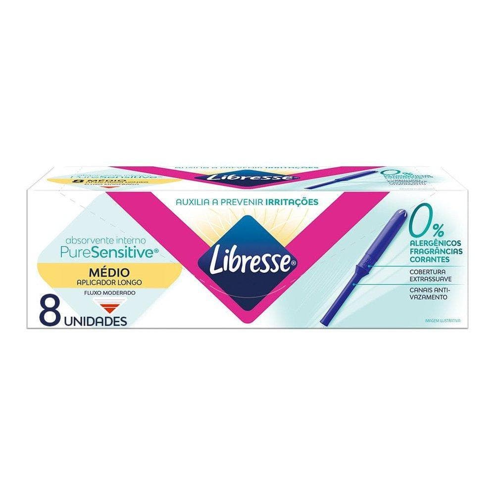 Absorvente Interno Libresse com Aplicador Longo Pure Sensitive Médio com 8 Unidades