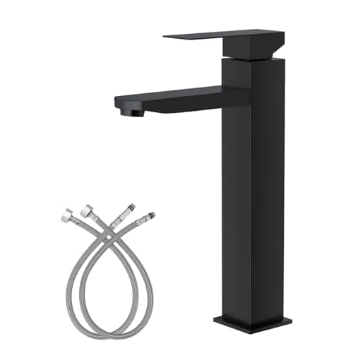 Torneira de Cascata Alta Aço Inoxidável Manípulo Único para Banheiro Torneira para Lavatório com 2 Linhas de Abastecimento de Agua (Preto)