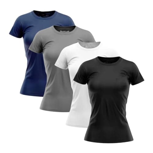 Kit 4 Camisetas Femininas Dry Fit Poliéster Premium Proteção UV 50 (BR, Alfa, M, Regular, Preto/Branco/Cinza/Azul)