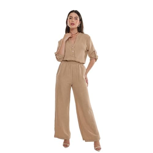 Conjunto Feminino Pantalona Duna Elegante Manga Longa Hz Con-0020 (Caqui, M)