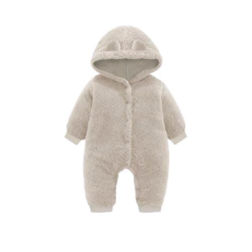 Macacão para Bebês Manga Longa Pelúcia Teddy Pele de Carneiro Frio com Capuz e Orelhinhas Unissex Creme (BR, Alfa, G)
