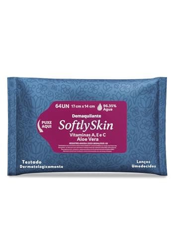 64Un Lenço Umedecido Demaquilante Softly Skin - Com Vitaminas - Suave, Eficaz e Ideal para Remoção de Maquiagem e Cuidados com a Pele