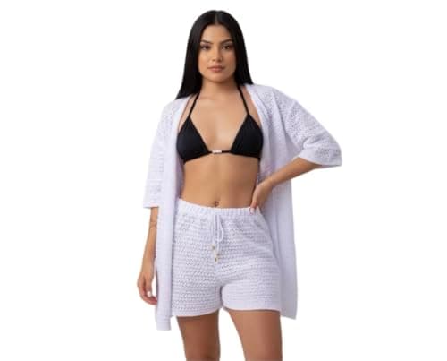 Conjunto de Camisa e Short Saída de Praia Tricot Algodão Verão Crochê (Preto)