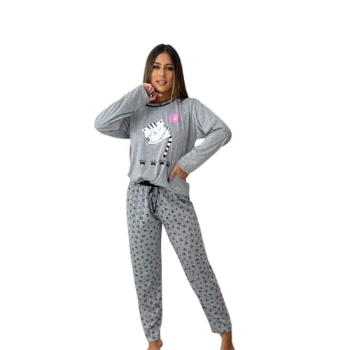 Pijama Adulto Malha com Calça e Manga Comprida de Inverno Gato Mescla G