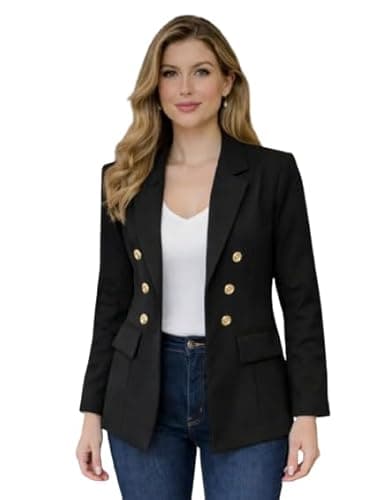 Blazer Feminino Alfaiataria Social com Botões Dourados, Elegante para Trabalho e Festa, Preto, Tamanho P