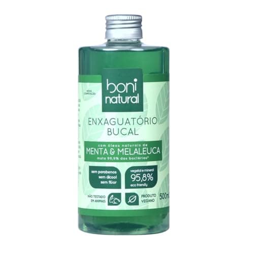 Enxaguante Bucal Natural e Vegano, Sem Flúor, Zero Álcool, Sem Parabeno, Menta e Melaleuca, Boni Natural, Verde, 500ml