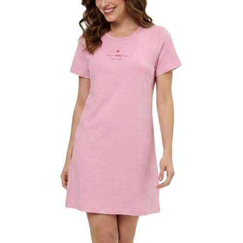 BELA NOTTE Camisola Feminina de Algodão Respirável Malha Soltinha com Estampa Coração, Rosa, G