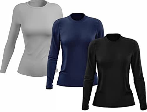 Kit 3 Camisetas Térmicas Femininas Manga Longa Proteção UV 50 Poliéster (BR, Alfa, P, Regular, Preto/Azul/Cinza)