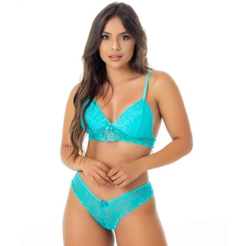 Conjunto Feminino Rendado Lingerie Sexy Sem Bojo Com Forro Revenda Luxo (VERDE, G)