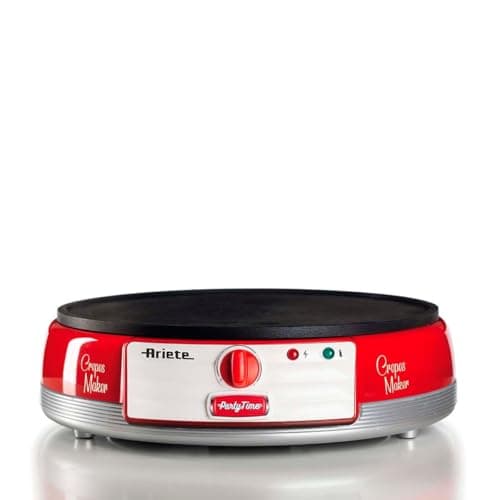 Ariete 202, Maquina de Crepe Retrô Vermelha - Party Time, Base antiaderente com controle de temperatura, 1000W - 127V