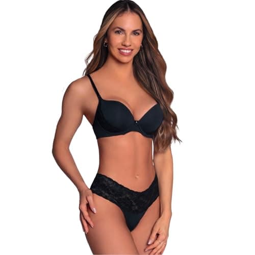 Conjunto Lingerie em Renda Sutiã com Bojo e Aro e Calcinha Fio Dental Sensual Feminino Adulto | Preto | G