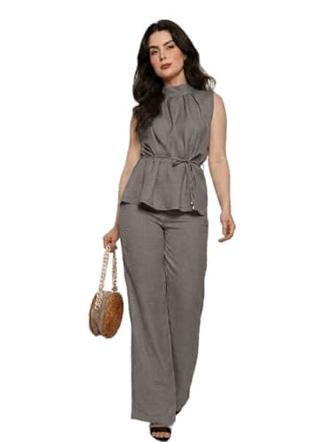 Conjunto Feminino Social Blusa com Gola e sem mangas Amarração + Calça Reta – Elegante e Versátil hz-con-0012 (Cinza, P)