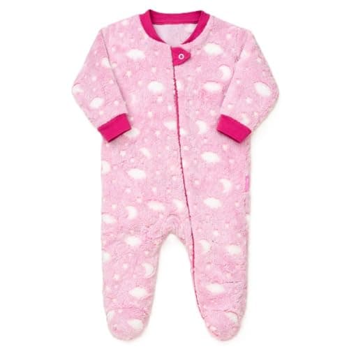 Era Uma Vez Macacão Bebê Longo com Zíper Pelúcia Fleece Brilha no Escuro Pé Antiderrapante Roupa de Frio 0 a 24 Meses (PinkLua, 6-9 Meses)