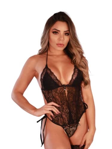 Lingerie Body Anita Luxo Feminino Rendado Baby Doll Sensual (Preto)