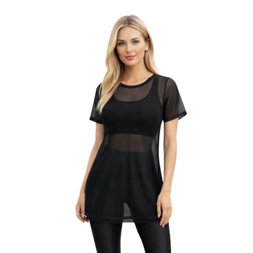 Blusa de Academia Tule com Manga Curta e Sobreposição Fitness Safira (PRETO, M)