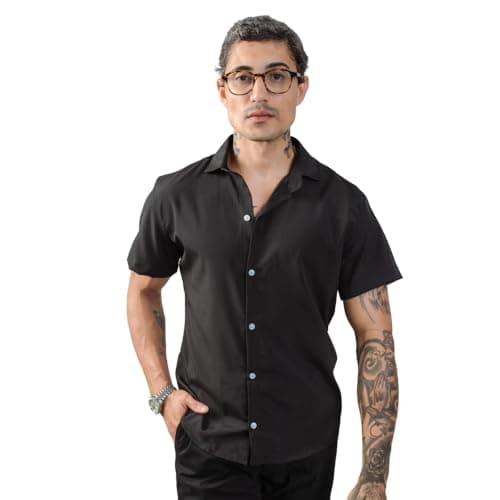 Camisa Masculina Gola Italiana, Manga Curta, Ajuste Regular, Elegante, Poliéster (BR, Alfa, G, Regular, Preto)