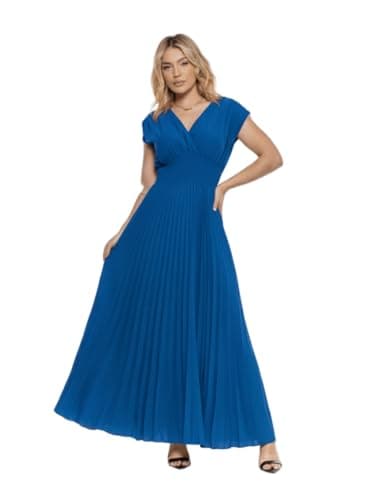 Vestido Midi Plissado com Lastex na Cintura – Tecido Duna Elegante VES-008 (BR, Alfa, G, Regular, Regular, Azul)