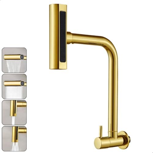 Torneira Gourmet Inox 4 Jatos Cozinha SOFTINOX – Giratória 360°, Instalação em Bancada/Parede, Diversas Cores, 1/4 de Volta, Funções (Cascata, Chuveirinho, Spray e Concentrado) (Parede, Dourada)