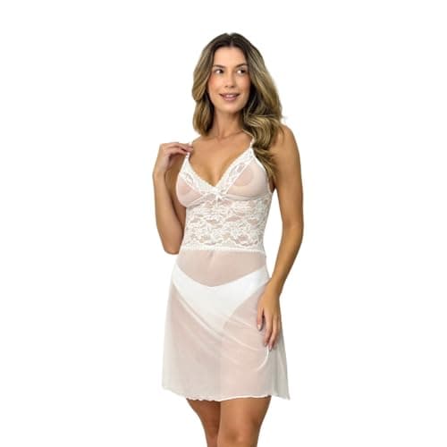 Camisola feminina Sensual transparente de tule lingerie linha noite (Branco, G)