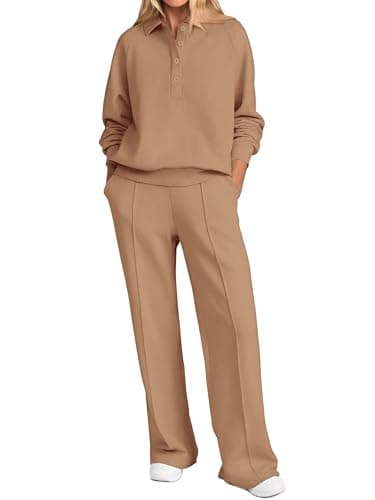 PRETTYGARDEN Conjunto feminino de 2 peças de moletom feminino de manga comprida com botões de 1/4 e calça larga, Camelo, Medium