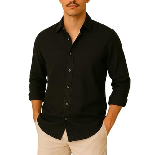 Camisa de Linho Manga Longa Viscolinho Old Money Elegante Praia Verão Casual Muitas Cores (BR, Alfa, M, Regular, Preto)