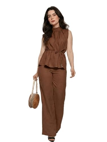 Conjunto Feminino Social Blusa com Gola e sem mangas Amarração + Calça Reta – Elegante e Versátil hz-con-0012 (Marrom, P)