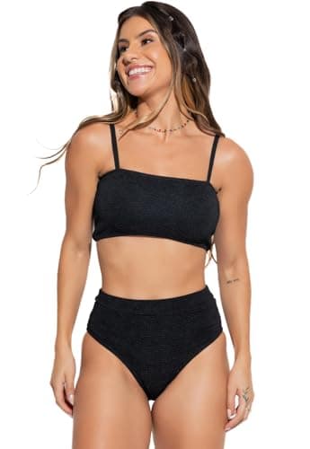 Biquíni Top Faixa Texturizado Hot Pants Cintura Alta Cropped Mvb Modas
