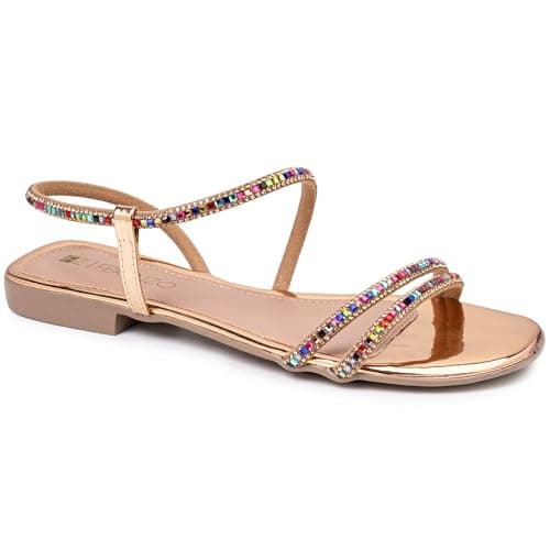 Sandália Rasteira Feminina Rasteirinha com Detalhes de Pedras Coloridas Leve Macia Confort (602-Colorido-35)