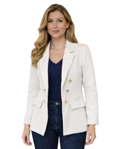 Blazer Feminino Alfaiataria Social, Botões Dourados, Elegante, Trabalho e Festa, 96% Poliéster 4% Elastano (BR, Alfa, M, Regular, Regular, Of White)