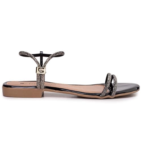 Sandália Feminina Rasteira com Tiras Brilhantes, Rasteirinha, Bronze, Ouro, Preto, Elegante, Leve Confortável (600-Preto-37)